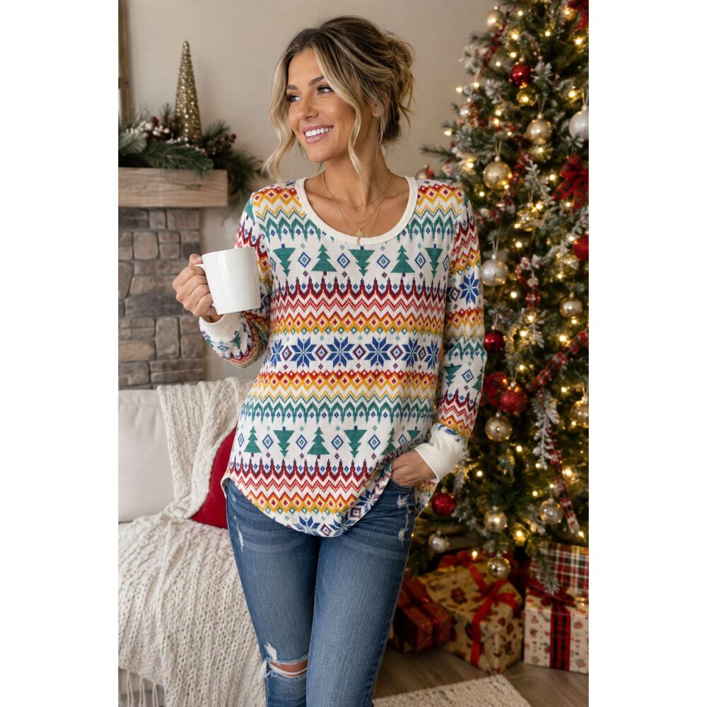 Old Navy Women’s XS Christmas Thermal Top Fair Isle Tree Print Waffle Knit Holid
